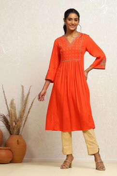 Orange Yoke Design Festive A-Line Kurta image number 0