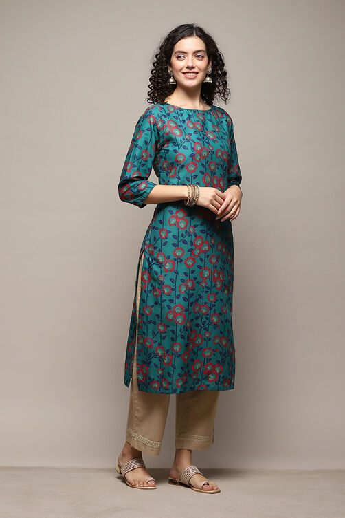 Turquoise Cotton Straight Printed Kurta image number 4