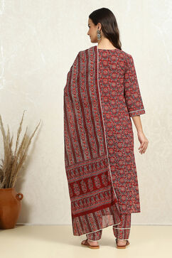 Maroon Cotton Printed Embroidered Unstitched Suit Set image number 5