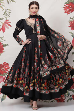 Rohit Bal Black Cotton Silk Anarkali Printed Suit Set image number 0