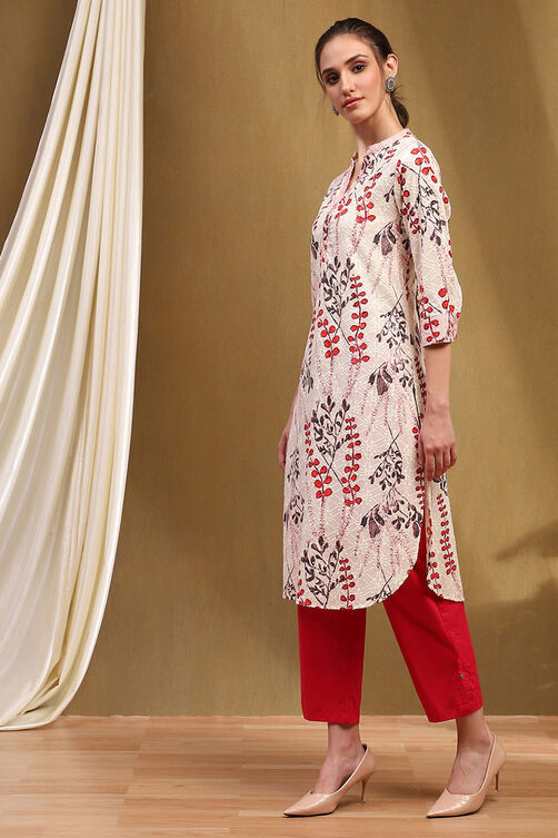 White & Red Cotton Printed Straight Kurta image number 2