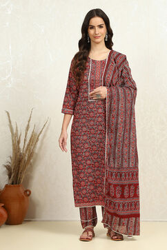 Maroon Cotton Printed Embroidered Unstitched Suit Set image number 7