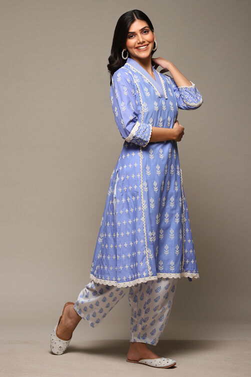Relaxing Cotton Blue, White Thread Embroidered Design Churidar
