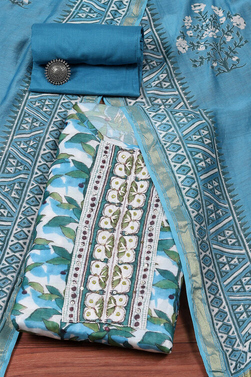 Blue Silk Blend Printed Unstitched Suit Set image number 0