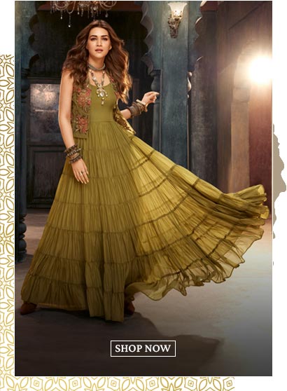 Green Georgette Festive Tiered Anarkali Dress