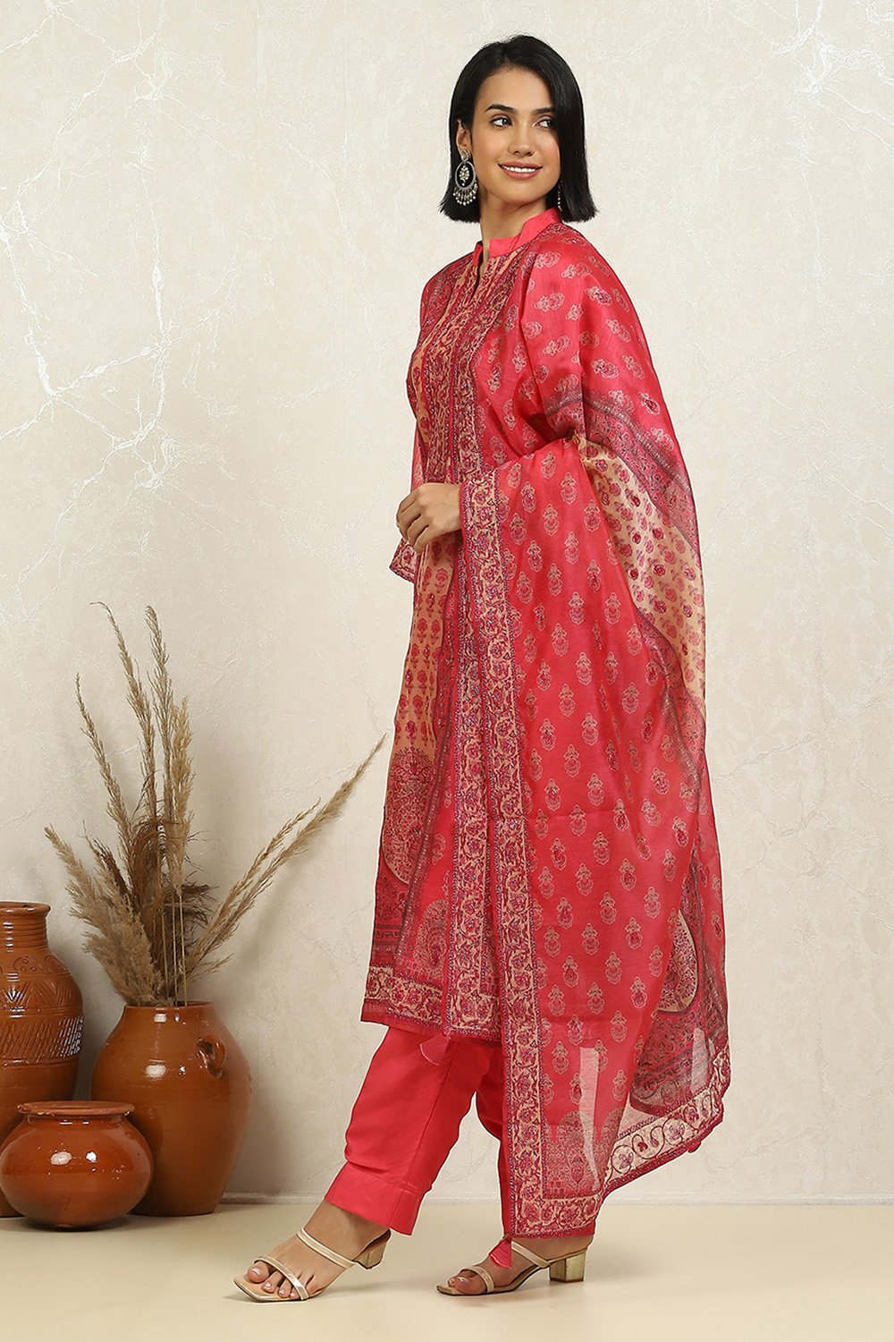 Pink Chanderi Printed Embroidered Unstitched Suit Set image number 4