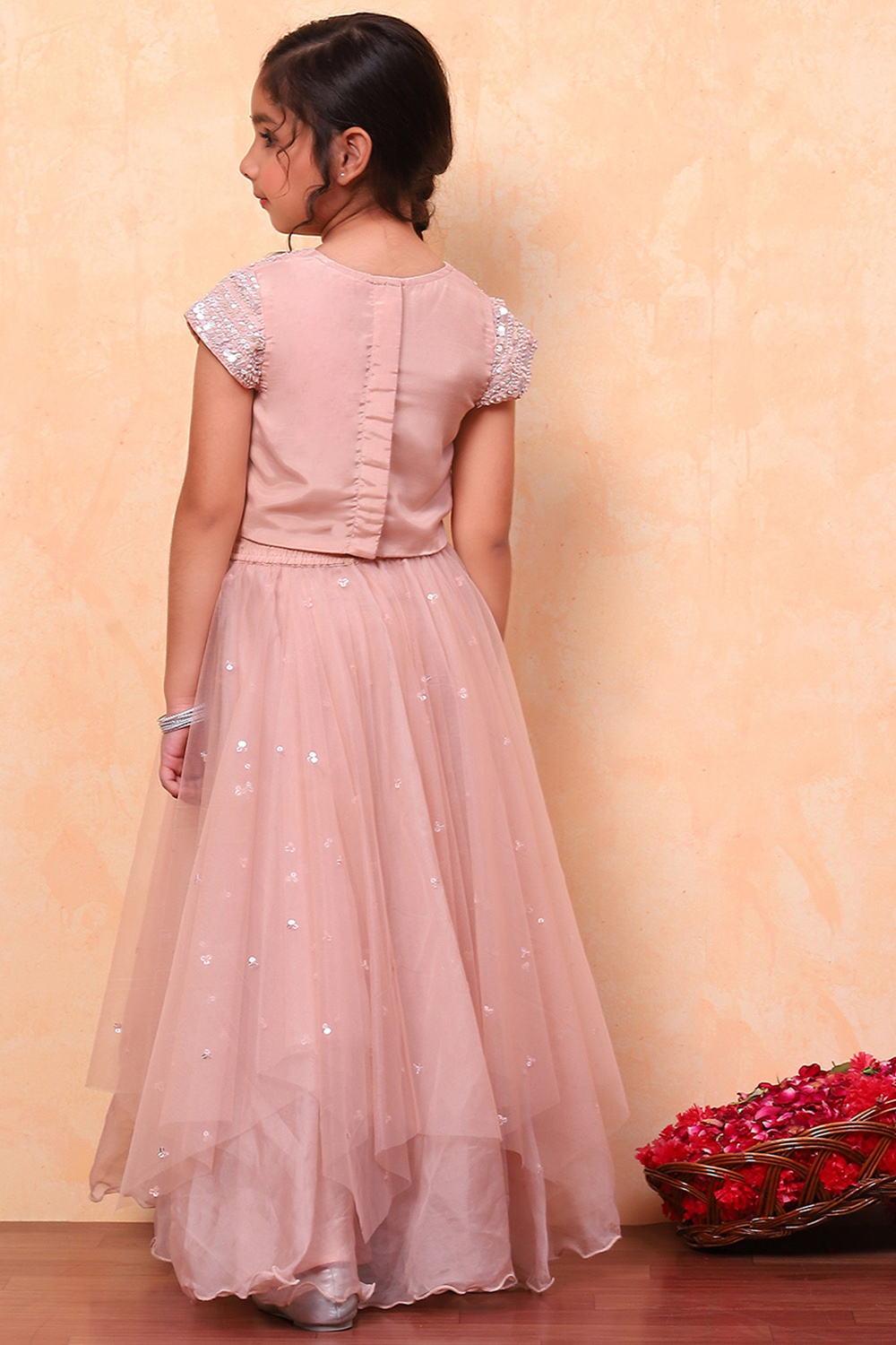 Peach Poly Chanderi Short Straight Lehenga Set image number 3