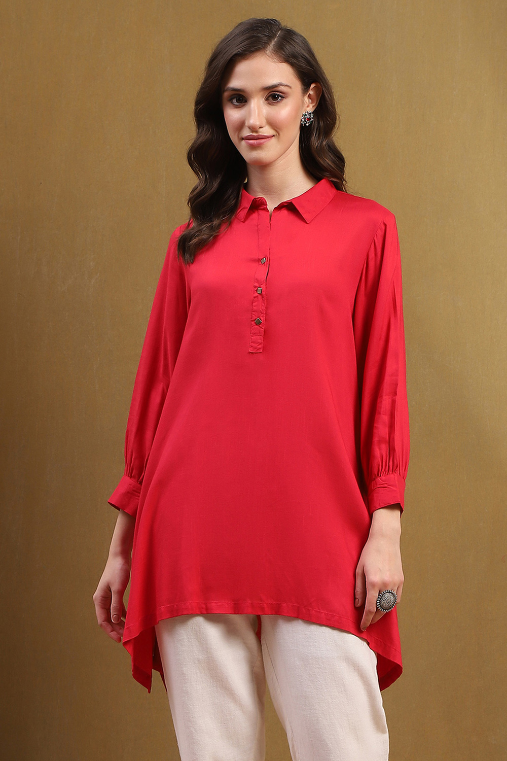 Mustard Yellow Solid Shirt Collar Asymmetric Short Kurti image number 5