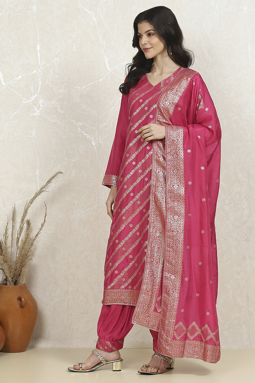 Pink Art Silk Woven Unstitched Suit Set image number 4