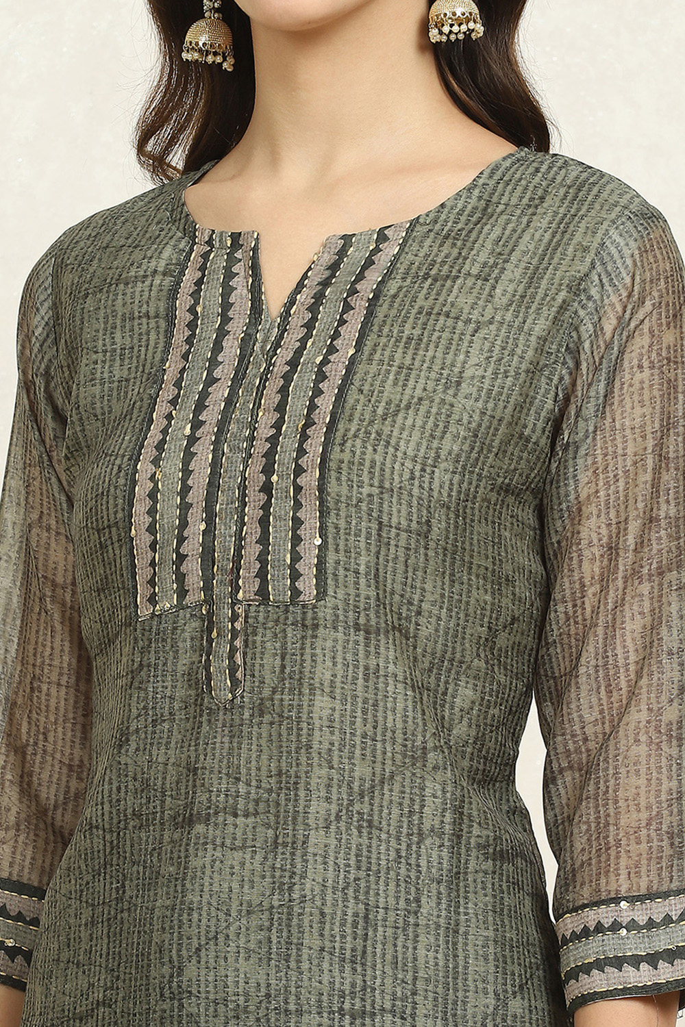 Grey Chanderi Blend Hand Embroidered Unstitched Suit Set image number 2