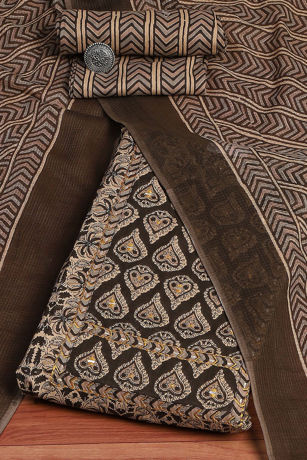 Brown and Pink Cotton Printed Unstitched Suit Set image number 0