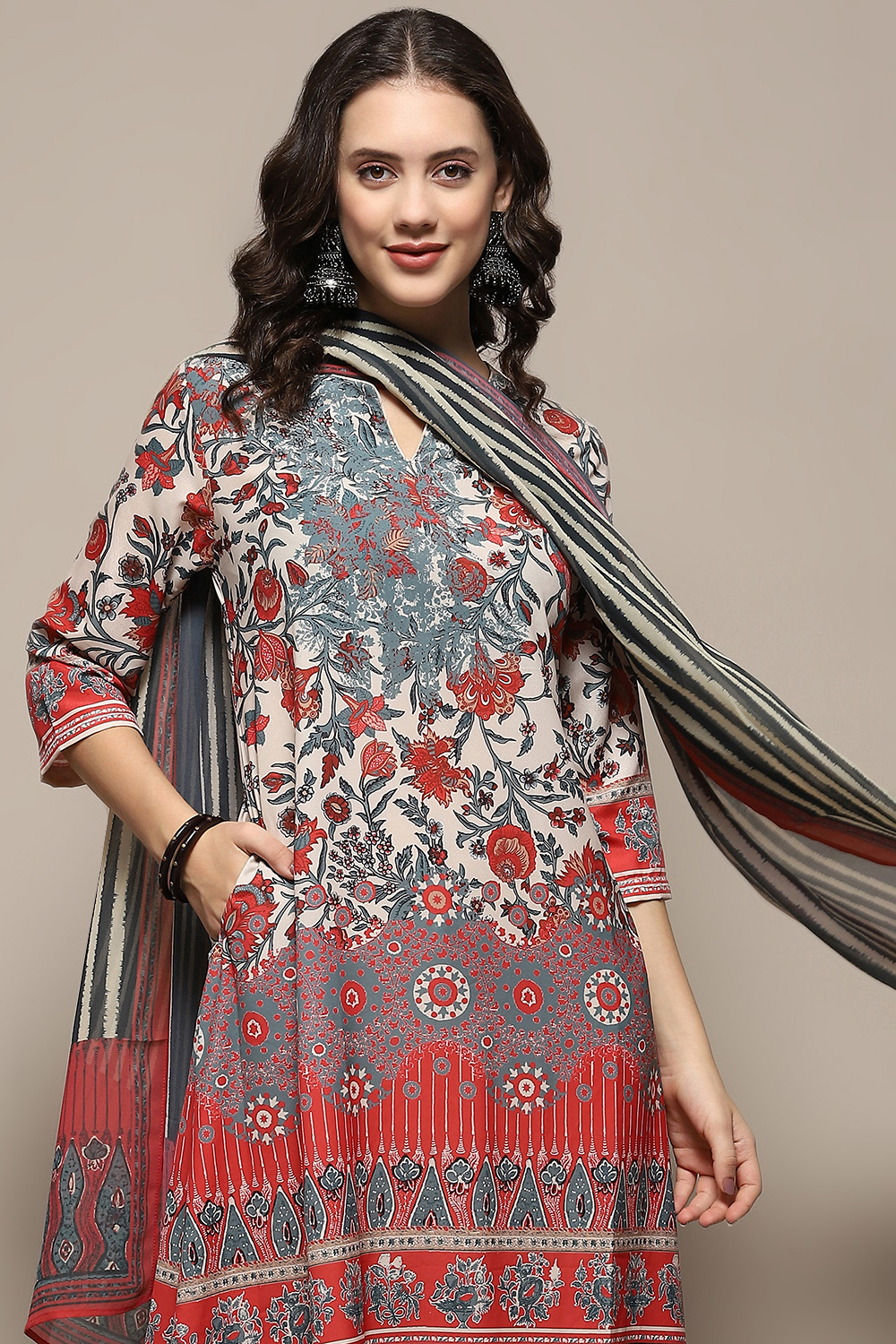 Beige Crepe Floral Printed Straight Suit Set image number 1