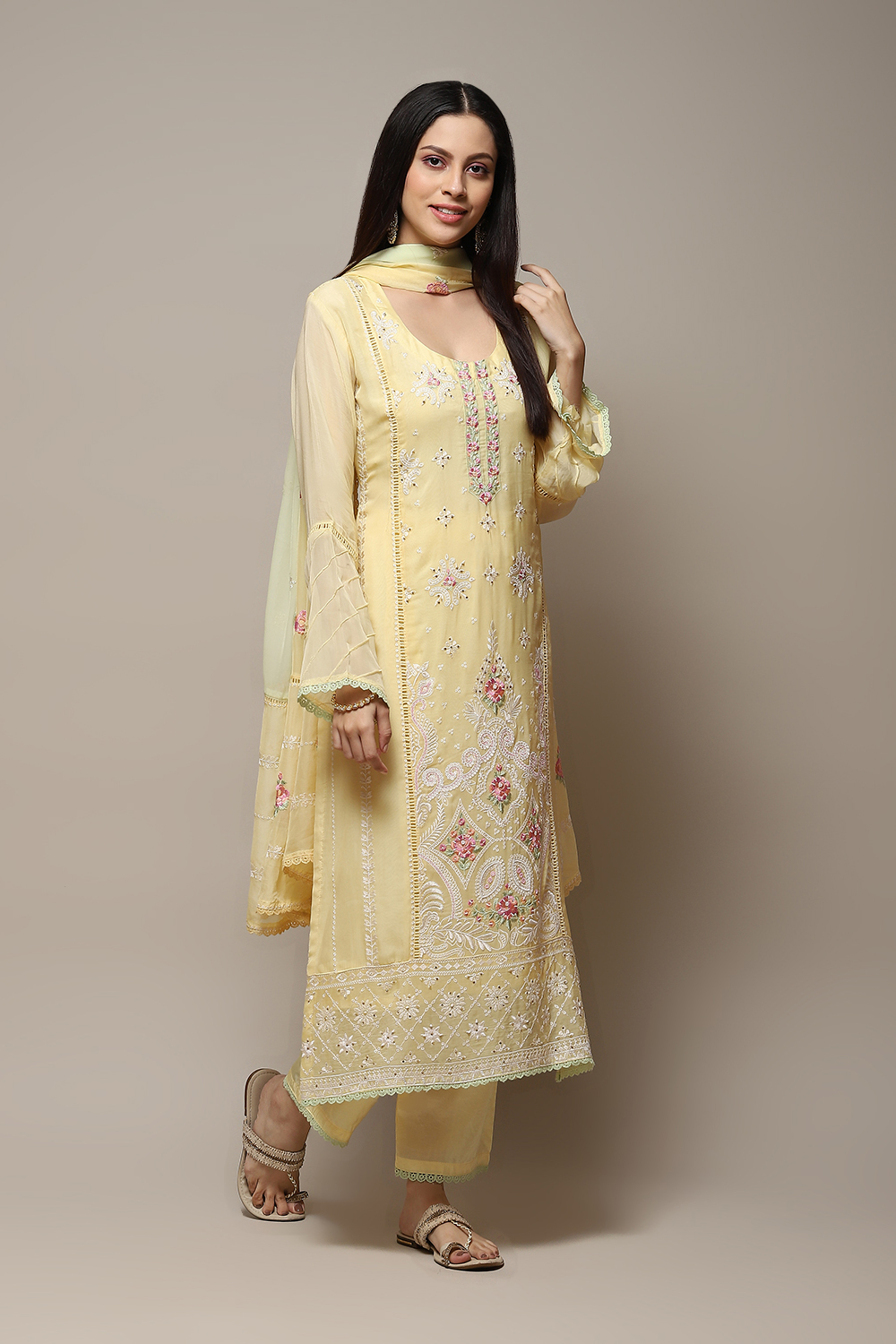 Yellow Organza Printed Unstitched Suit Set image number 7