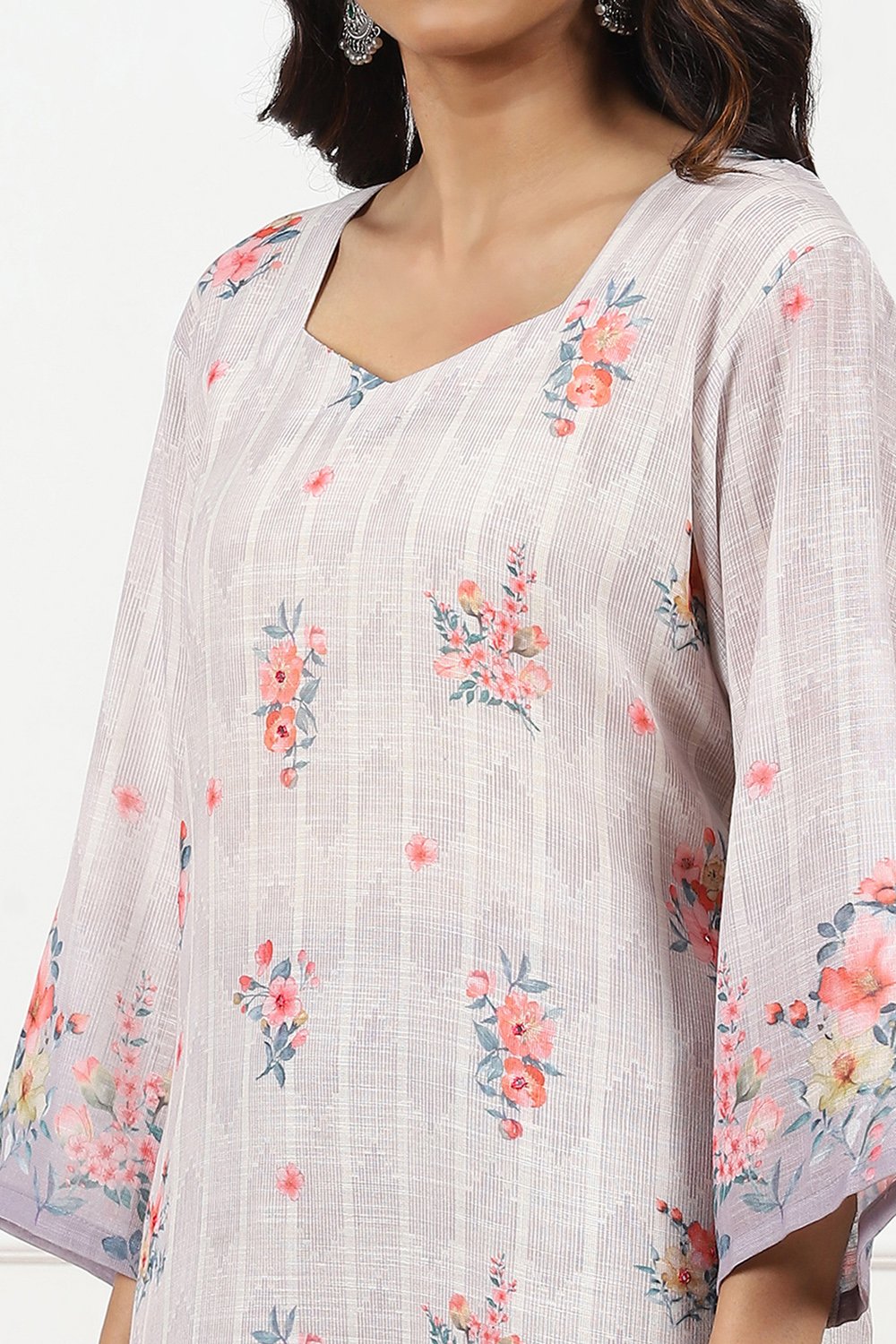 Beige Linen Floral Printed Unstitched Suit Set image number 2