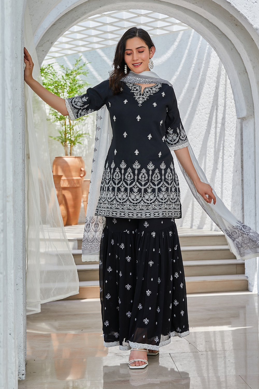 Black Embroidered Straight Kurti & Garara Suit Set image number 6