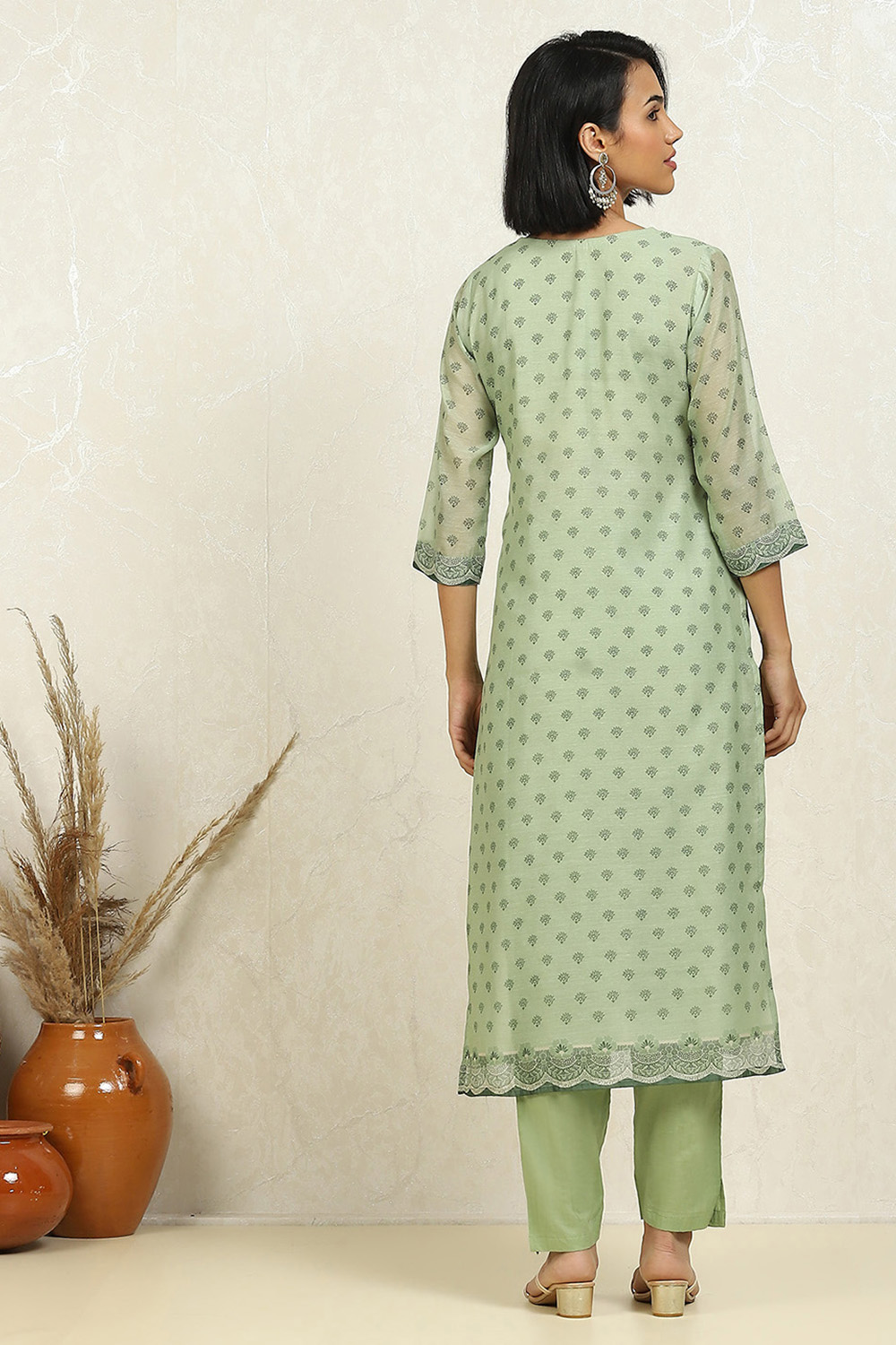 Light Green Chanderi Floral Printed Unstitched Suit Set image number 5