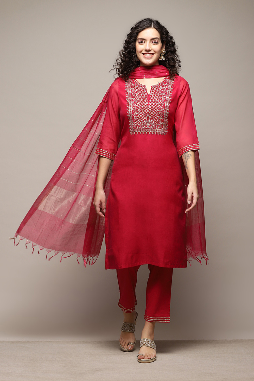 Fuchsia Poly Cotton Straight Kurta Pant Suit Set image number 0