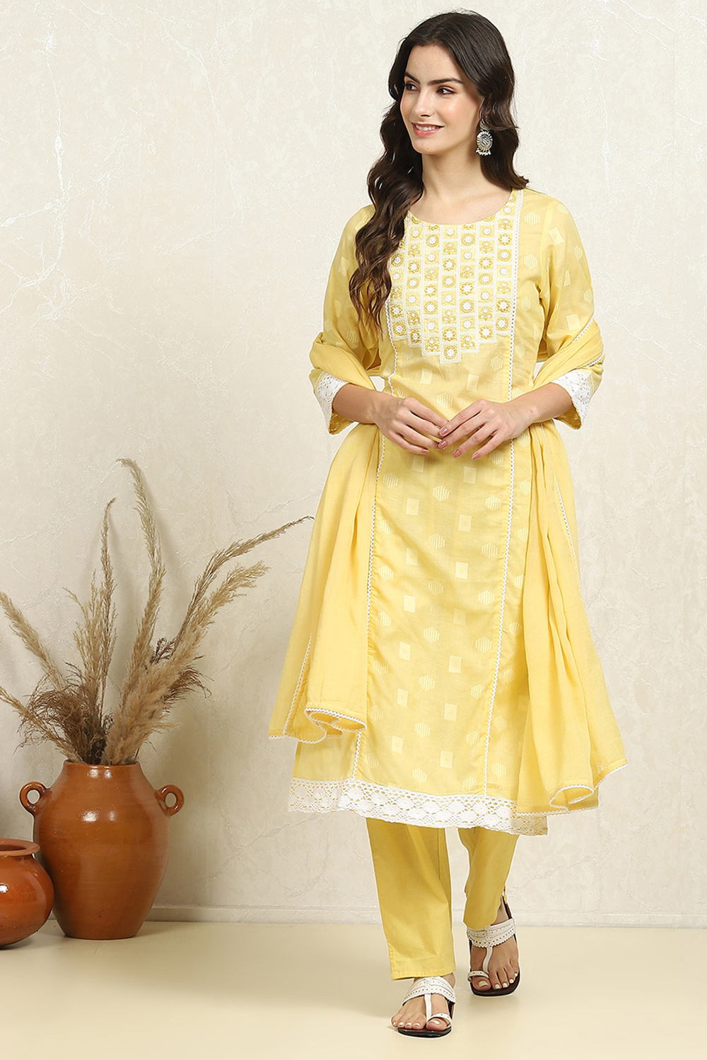 Yellow Cotton Handloom Unstitched Suit Set image number 7