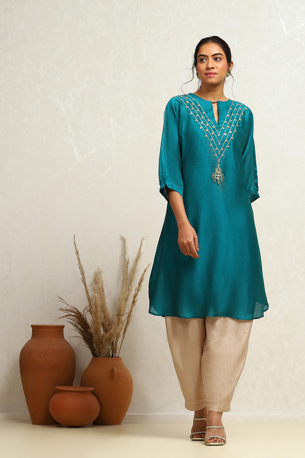 Emerald Green Straight Regular Fit Festive Kurta image number 5