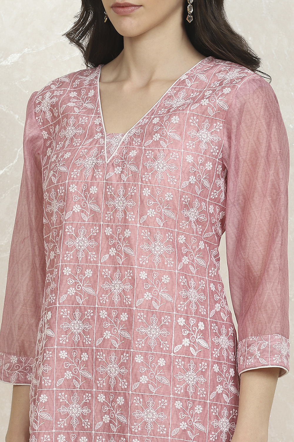 Dusky Pink Chanderi Machine Embroidered Unstitched Suit Set image number 2