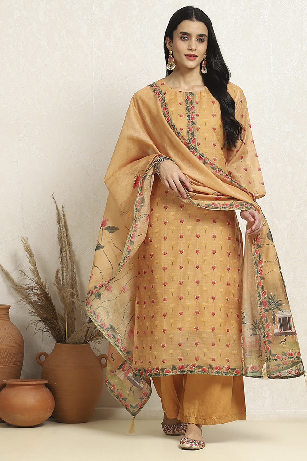 Dull Yellow Chanderi Floral Katha Work Unstitched Suit Set image number 1