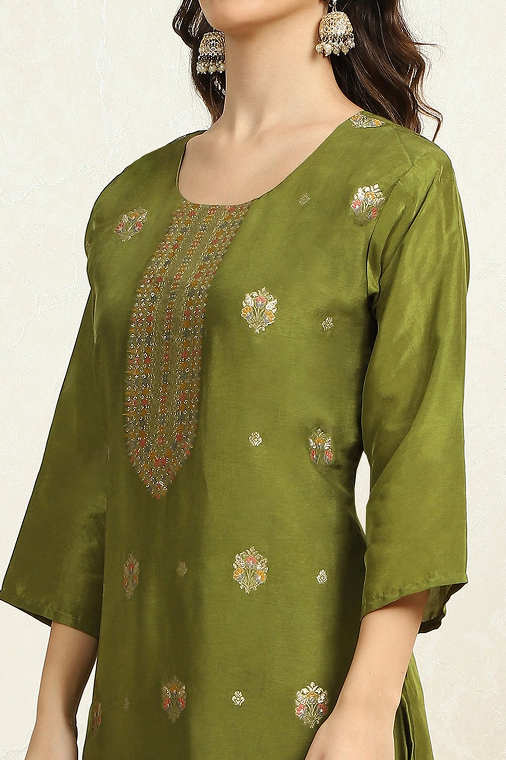 Earthy Green Viscose Silk Woven Unstitched Suit Set image number 2