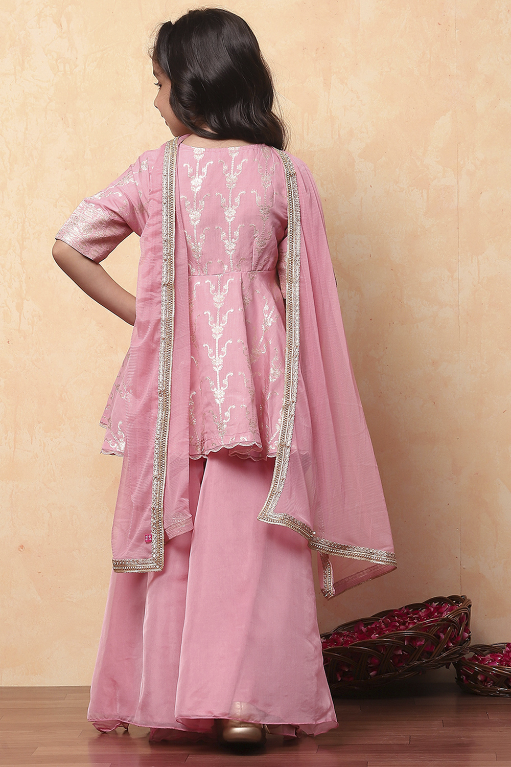 Pink Viscose Chanderi Printed Festive Flared Suit Set image number 4