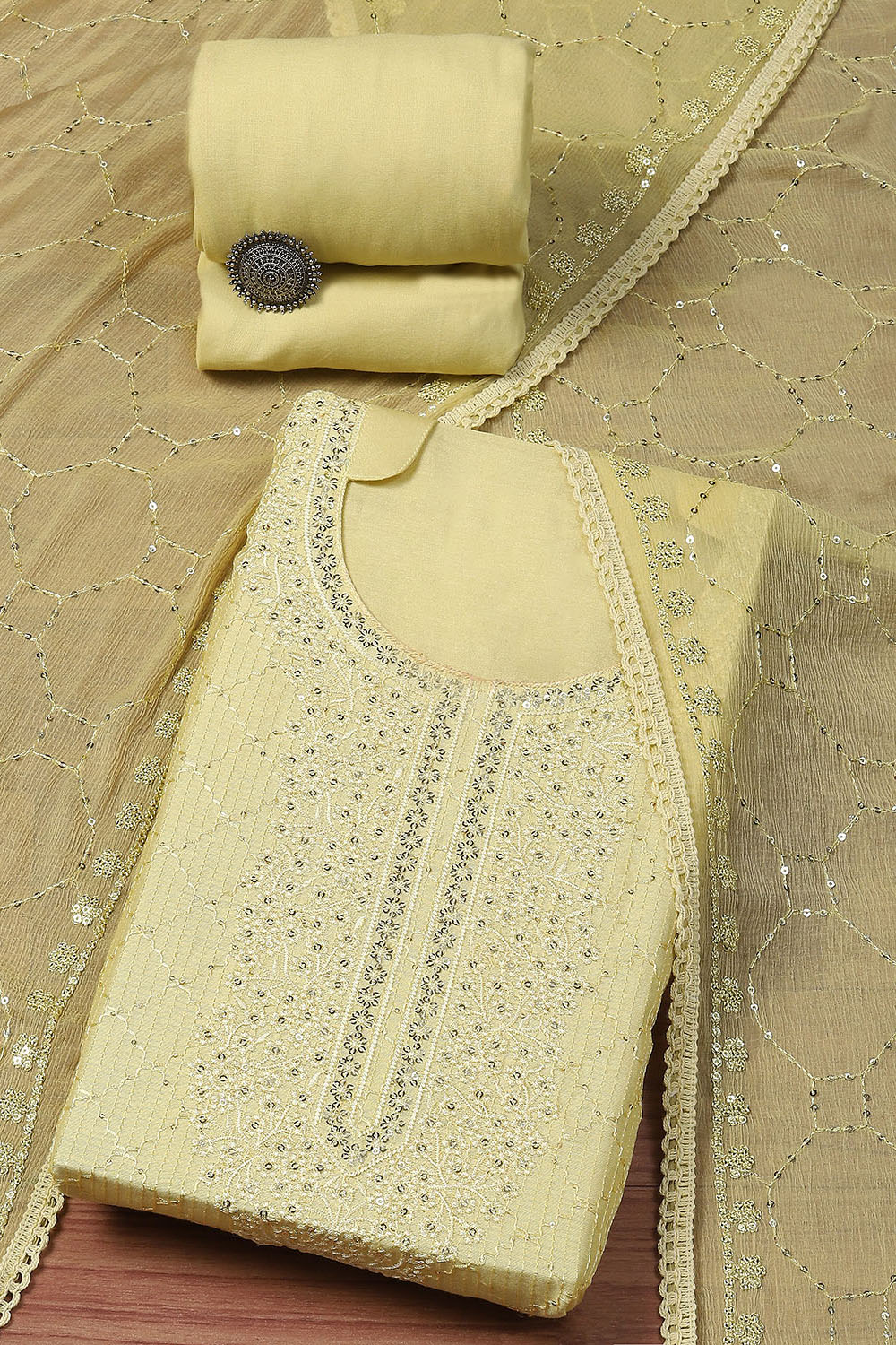 Yellow Chanderi Unstitched Suit Set image number 0