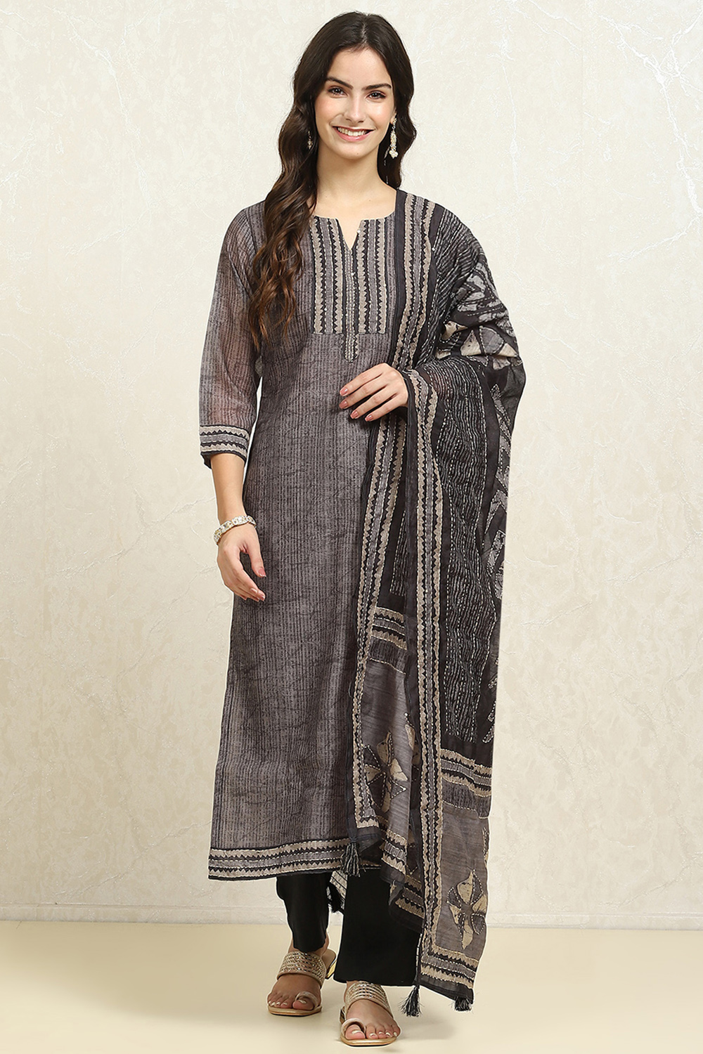 Grey Chanderi Blend Hand Embroidered Unstitched Suit Set image number 7