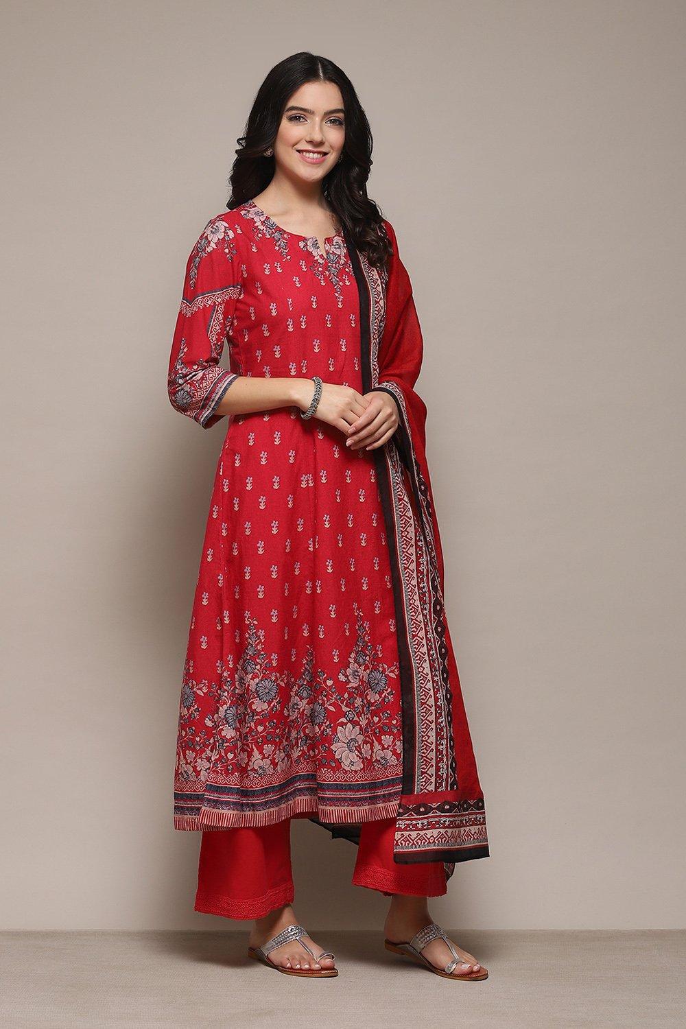 Red Cambric Kalidar Printed Kurta Palazzo Suit Set image number 6