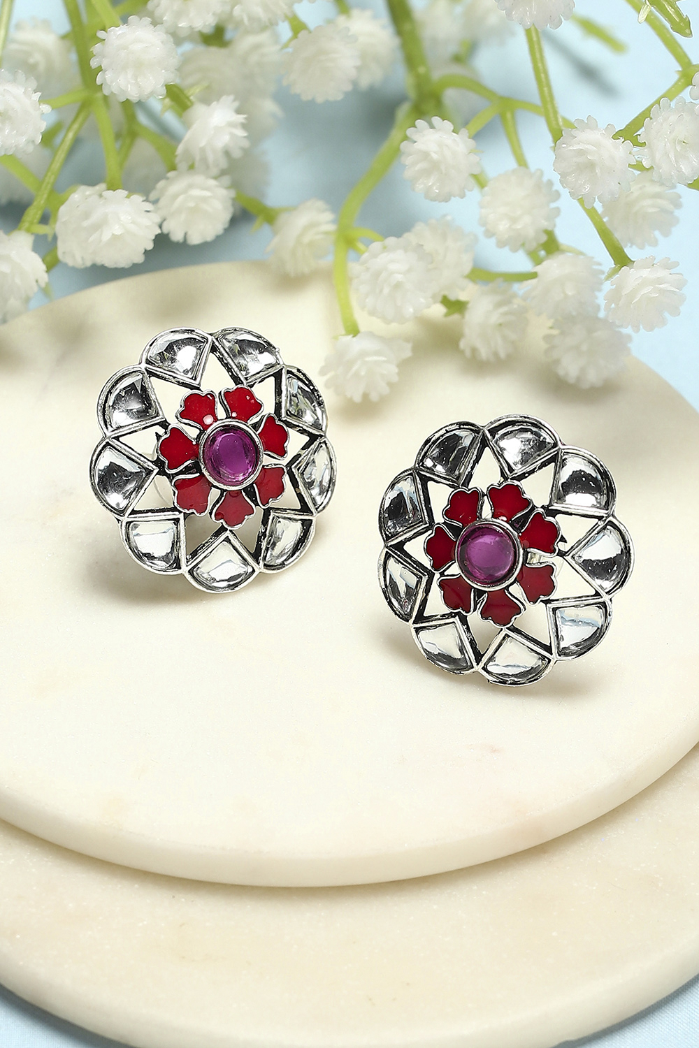 White and Red Oxidised Stone Studded Studs image number 0