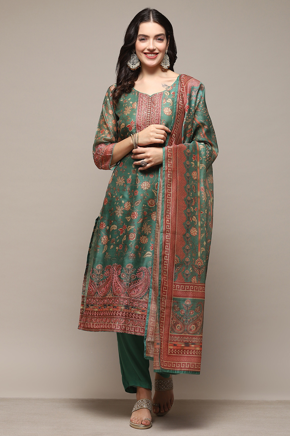 Green Chanderi Unstitched Suit Set image number 8