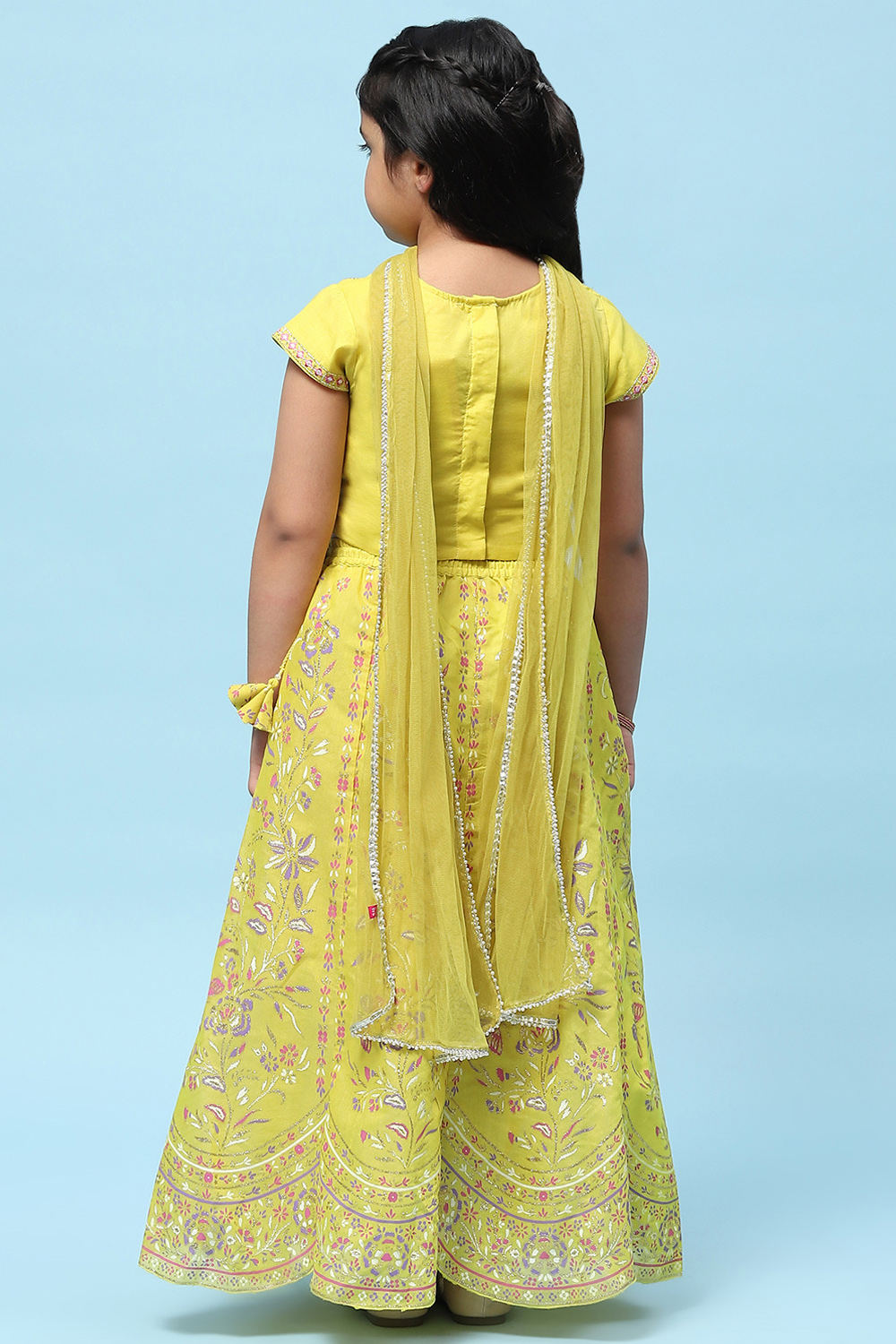 Lime Yellow Poly Chanderi Floral Lehenga Set image number 5