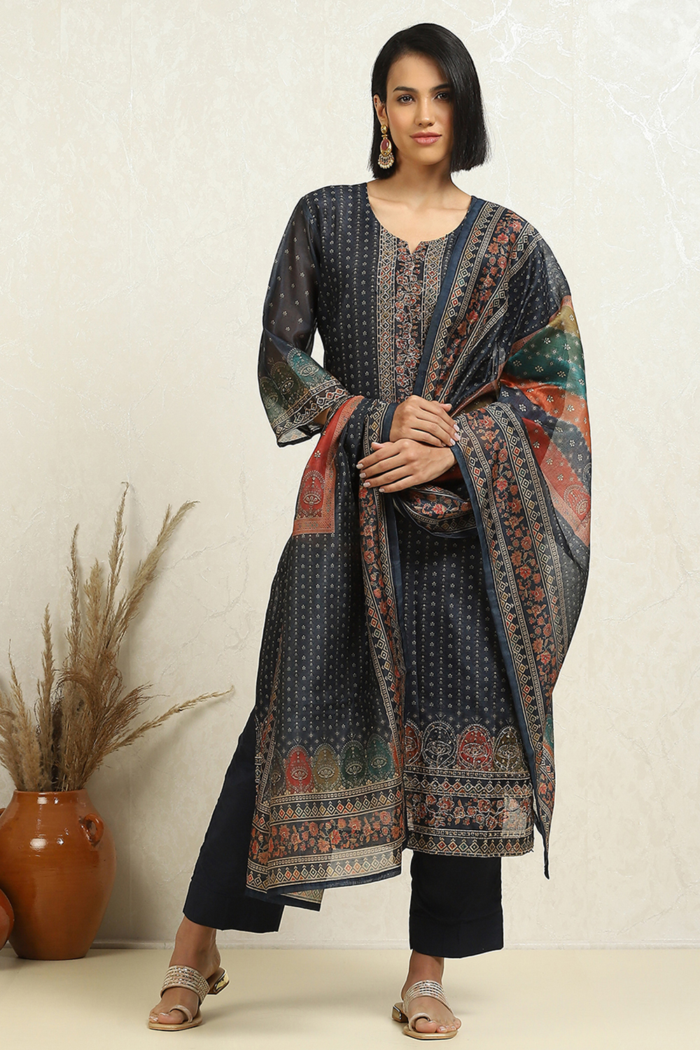 Blue Chanderi Floral Printed Unstitched Suit Set image number 7