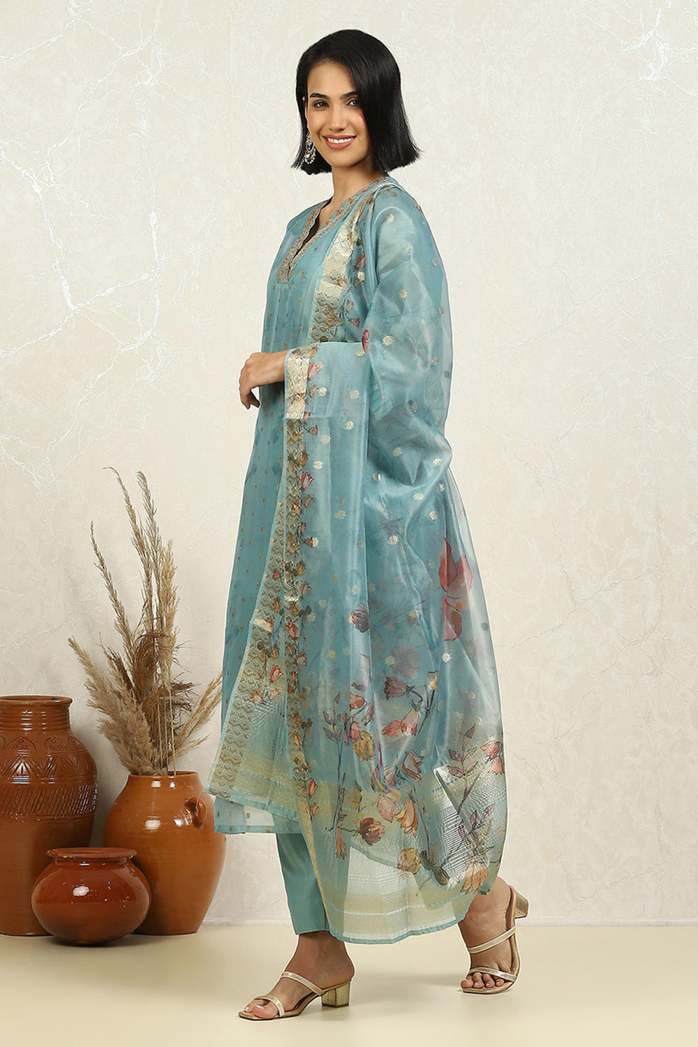 Blue Silk Blend Hand Embroidered Unstitched Suit Set image number 4