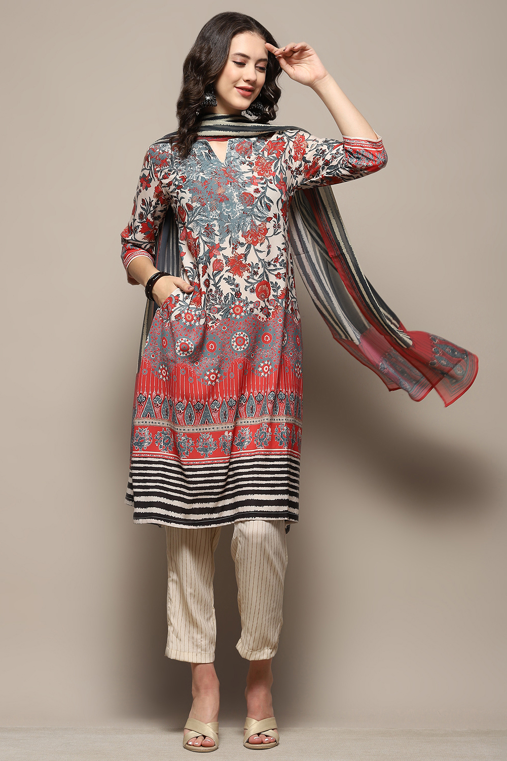 Beige Crepe Floral Printed Straight Suit Set image number 0