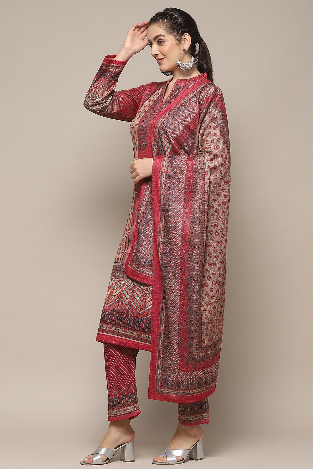 Pink Polyester Straight Printed Kurta Pant Suit Set image number 4