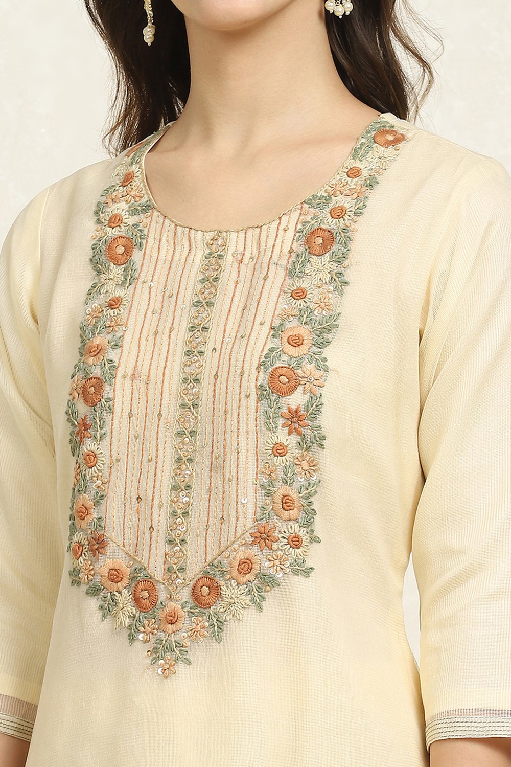 Beige Cotton Blend Embroidered Unstitched Suit Set image number 2