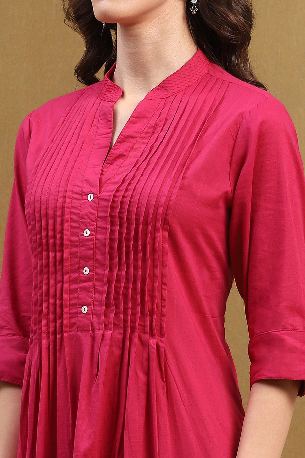 Pink Cotton Solid Pleated A-Line Kurta image number 1