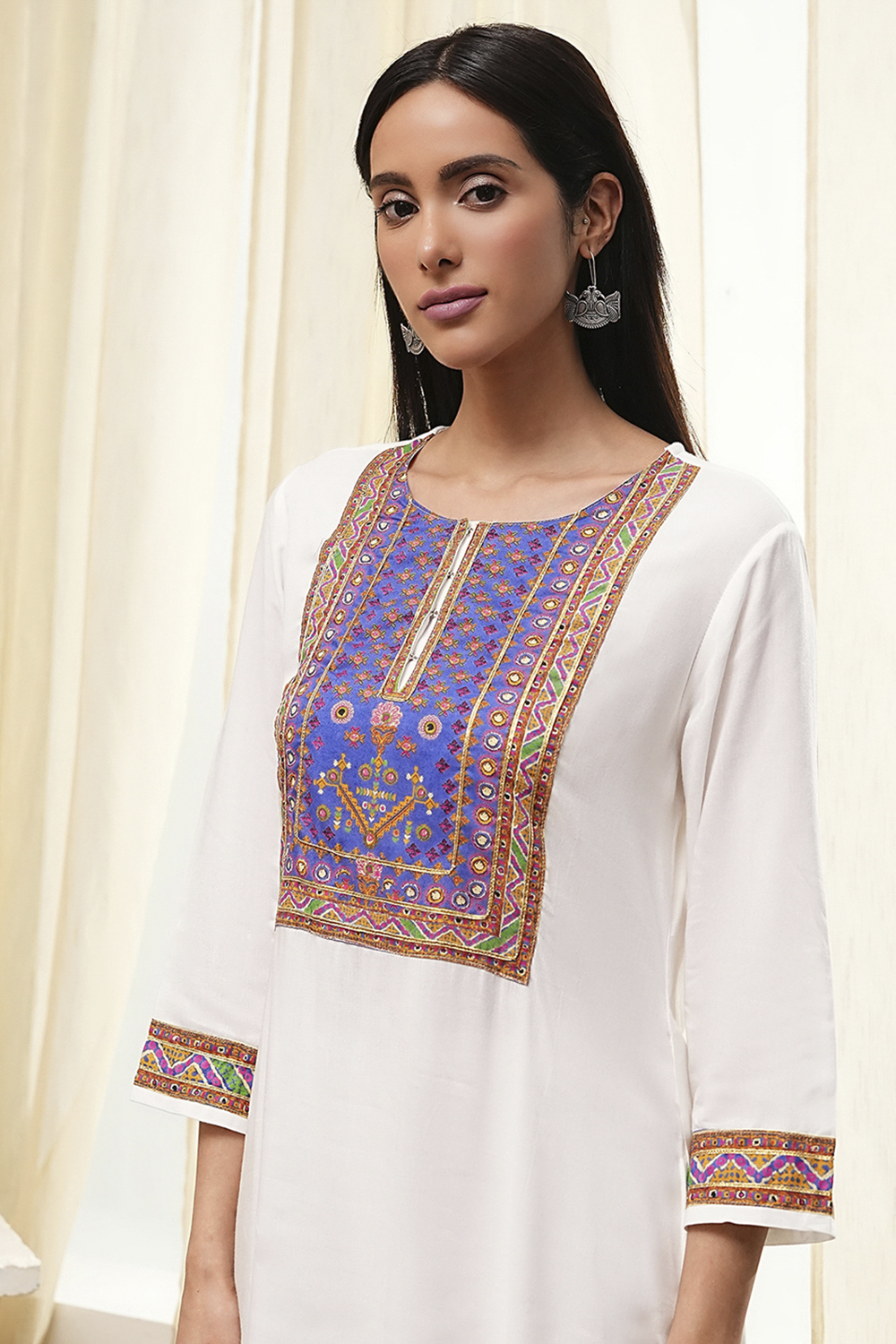 Off White & Blue Rayon Straight Kurta Palazzo Suit Set image number 1