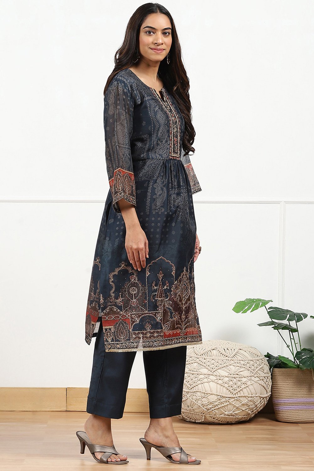 Blue Chanderi Printed Gathered Unstitched Suit Set image number 3