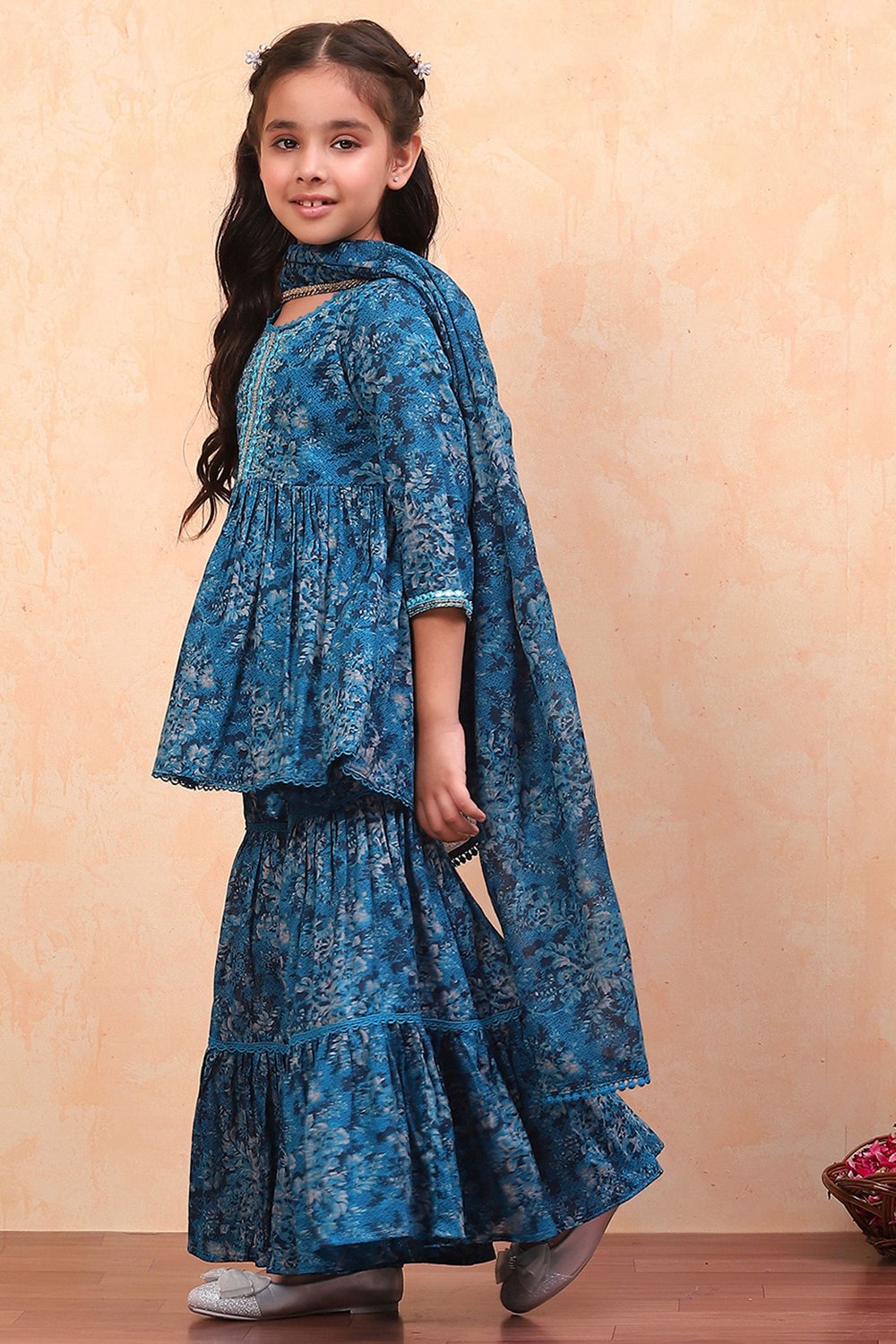 Blue Cotton Floral Printed Peplum Flared Suit Set image number 3