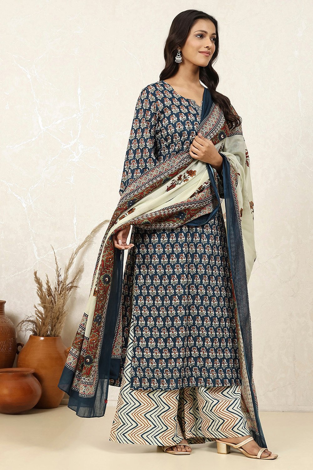 Dark Blue Cotton Printed Unstitched Suit Set image number 6