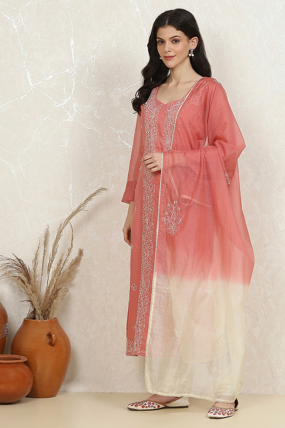 Peach Cotton Hand Embroidered Unstitched Suit Set image number 4