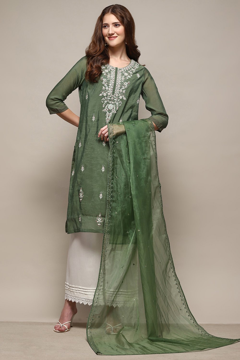 Green Embroidered Nylon Dupatta image number 0