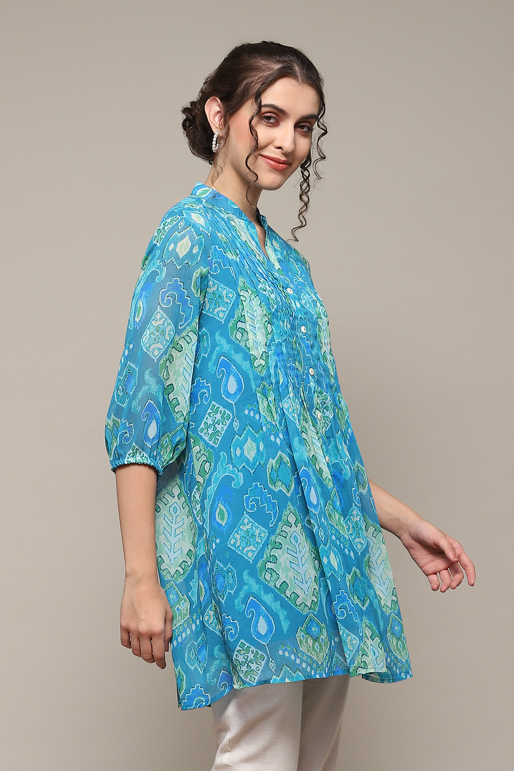 Turquoise Poly Georgette Straight Printed Kurta image number 6