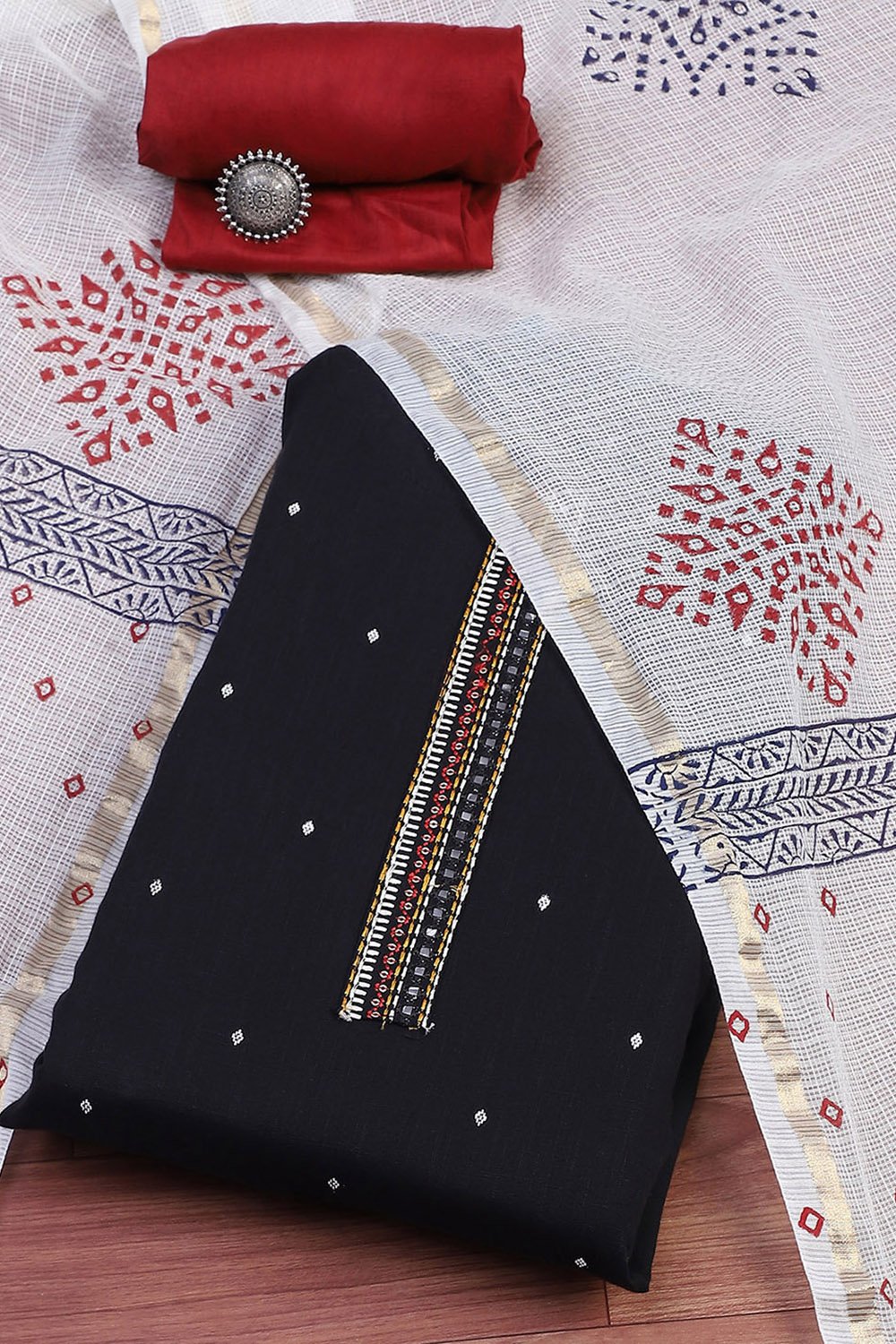 Red Cotton Handloom Unstitched Suit Set image number 0