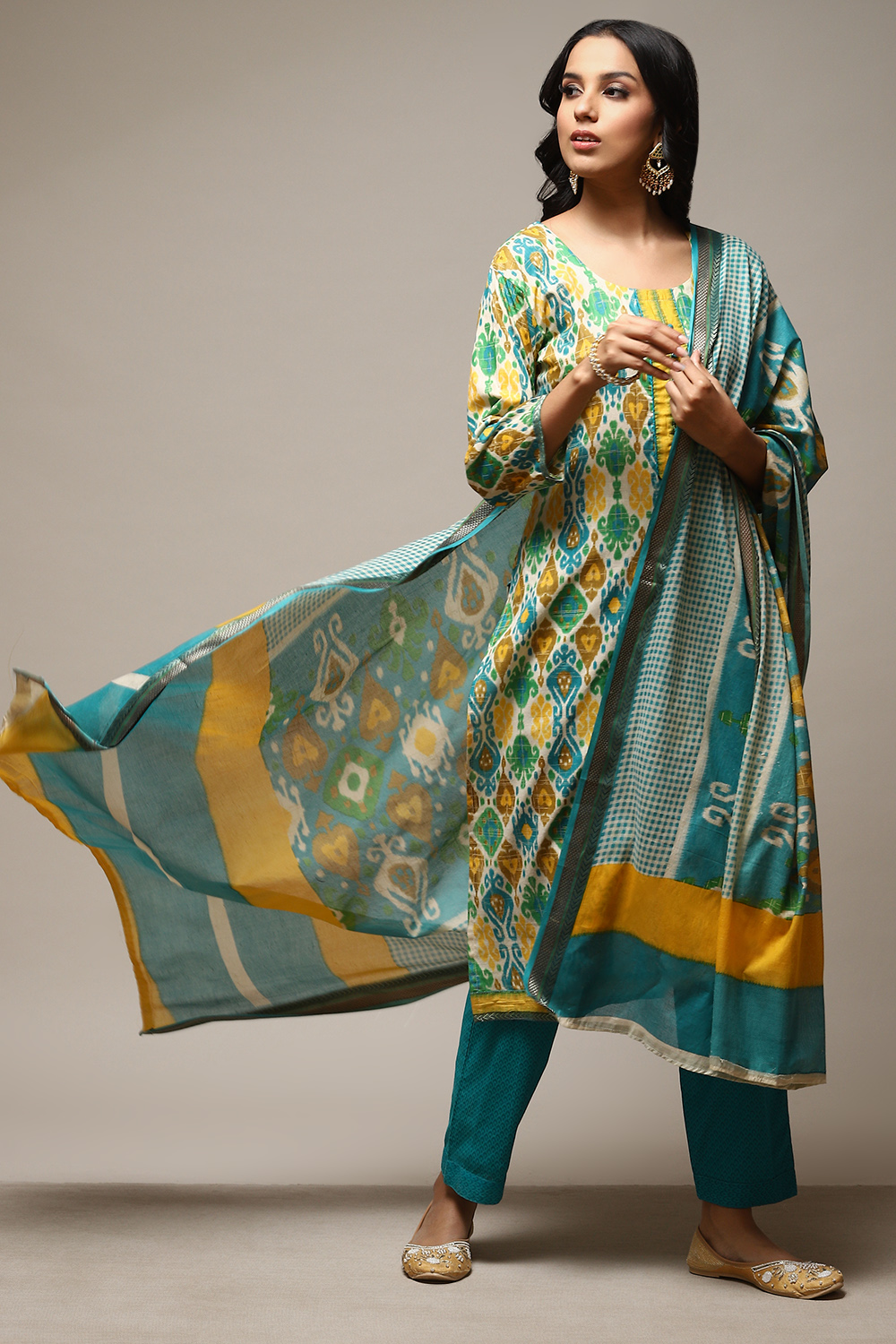 Rama Teal Cotton Hand Block Print Unstitched Suit Set image number 1