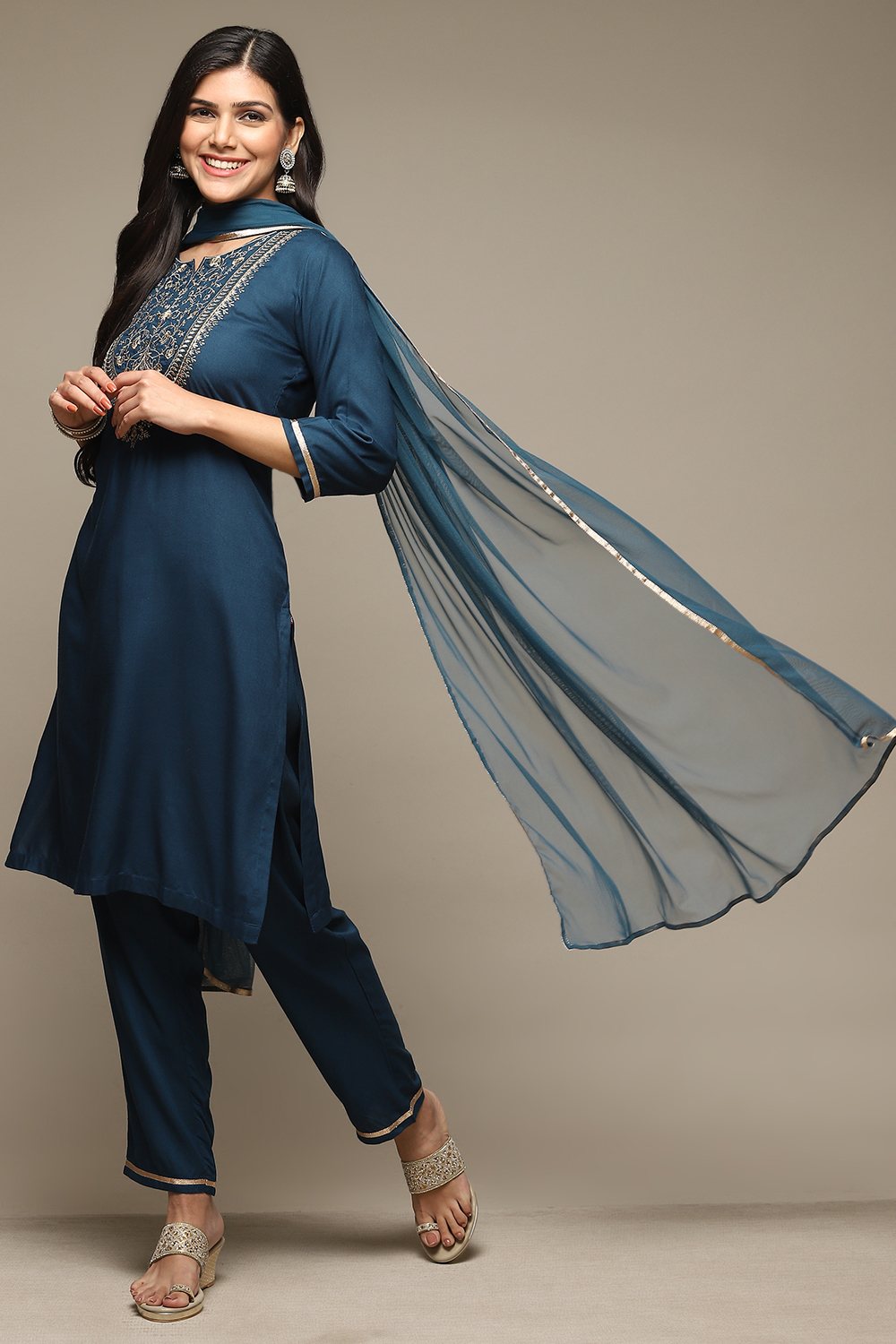 Teal Rayon Straight Kurta Pants Suit Set image number 0