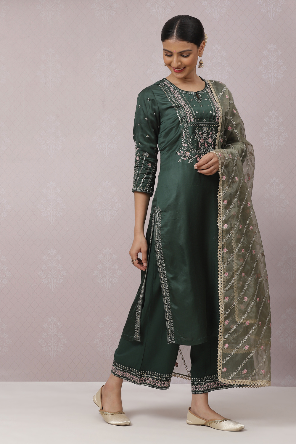 Dark Green Viscose Straight Kurta Palazzo Suit Set image number 5